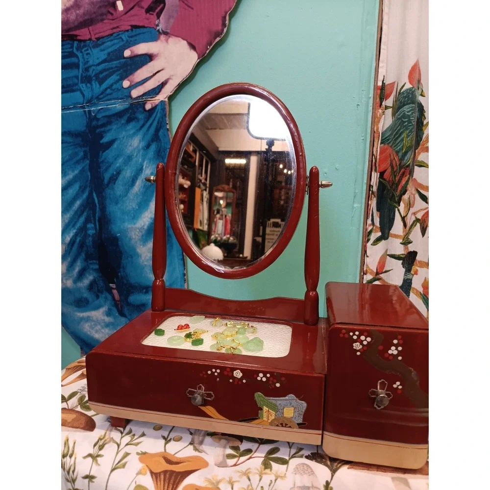 Antique Kyodai Mirror Stand Vanity  Japanese Lacquer Handpainted